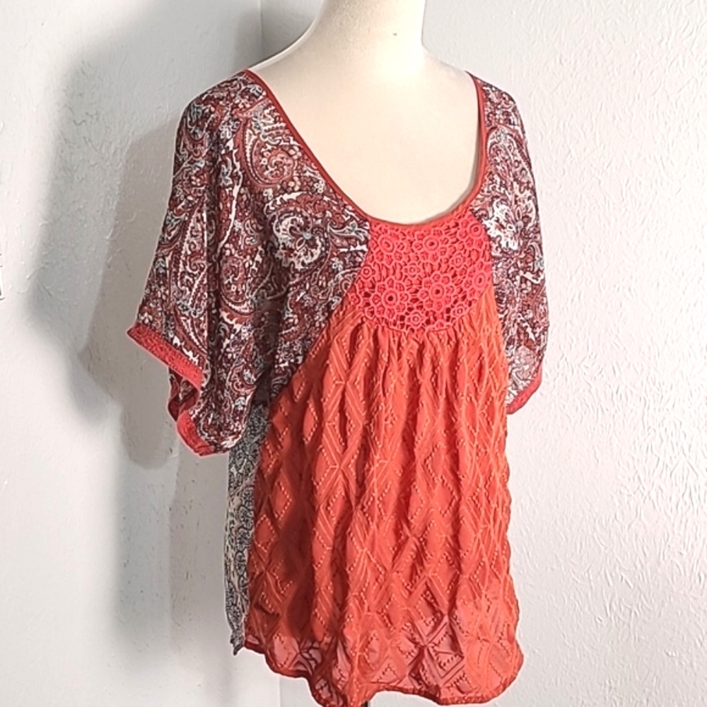 Ogle Orange & Blue Paisley Top woth Embroidered Flower Accents, Size Large - Picture 3 of 9